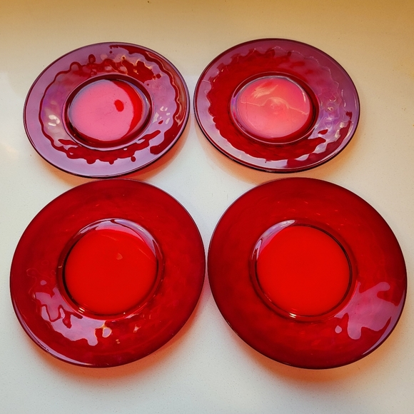 SOLD Ruby Red Plates Georgian Thumbprint Luncheon Dessert Salad 8" Set 4 - Picture 7 of 11
